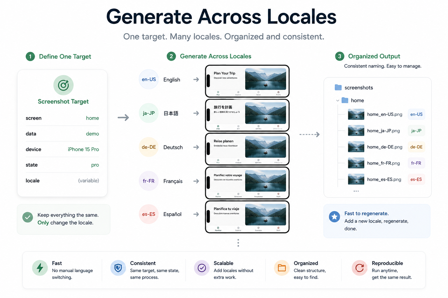 Repeatable localized screenshot capture flow from deeplink target to final image