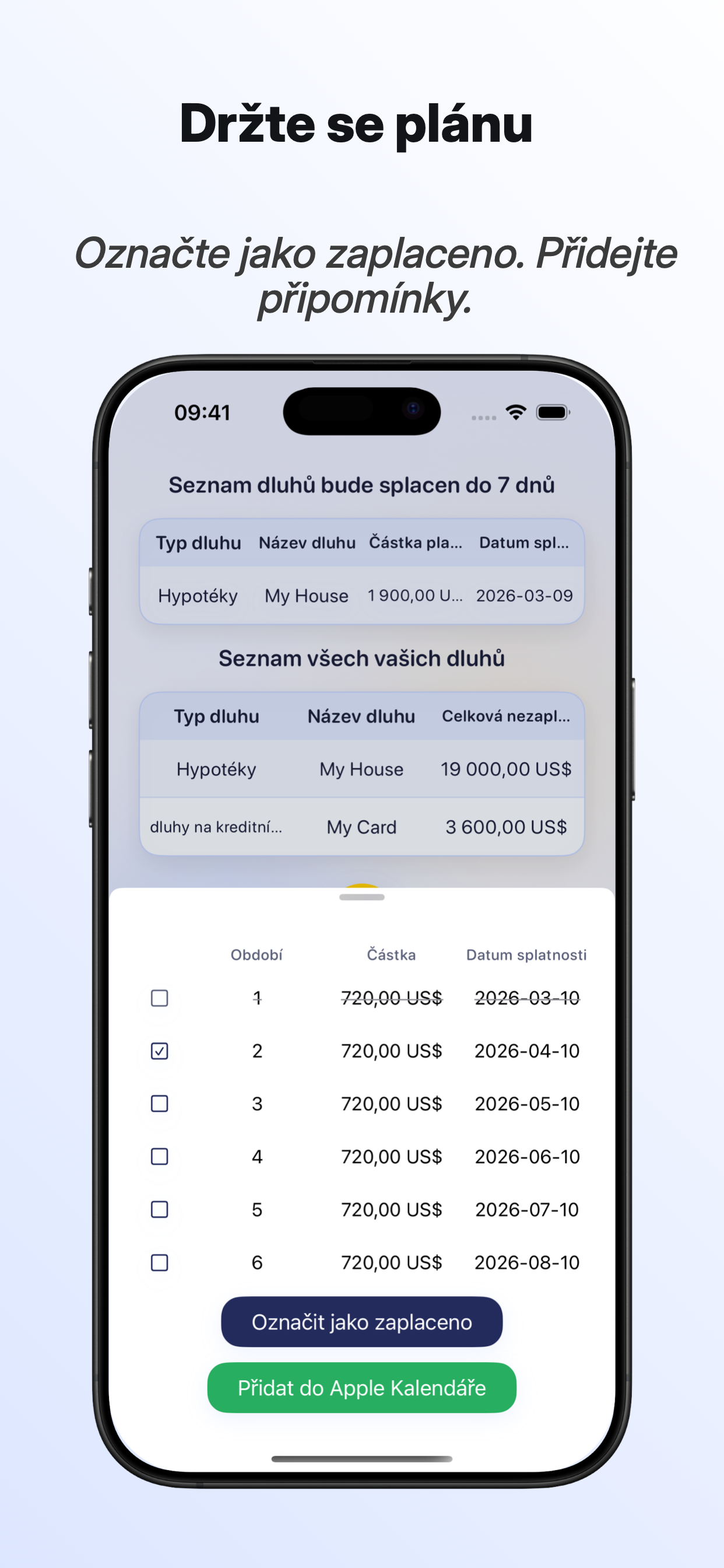 Czech localized Owl App Store screenshot for the debt detail screen