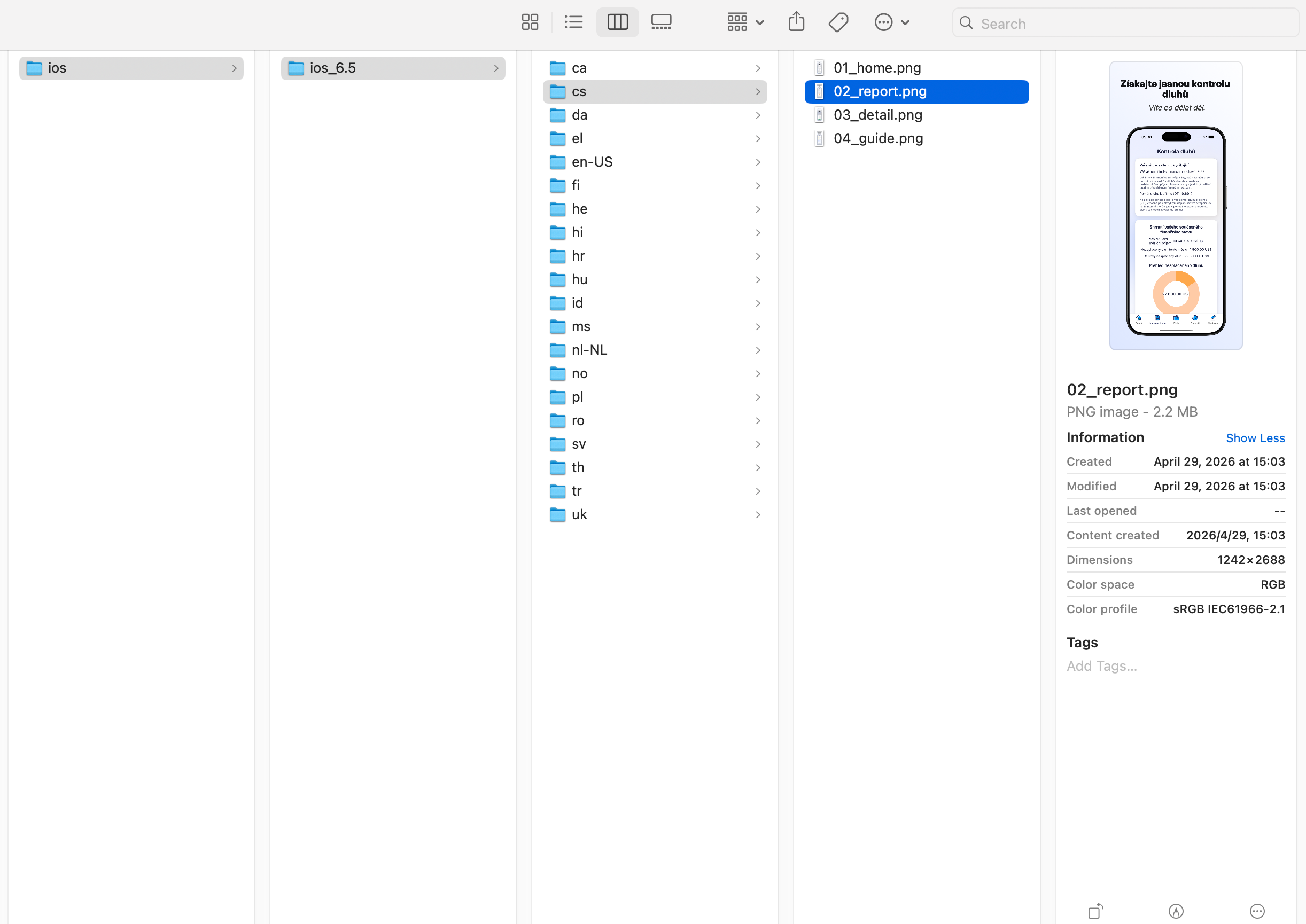 Finder export folder structure for localized Owl iOS screenshots