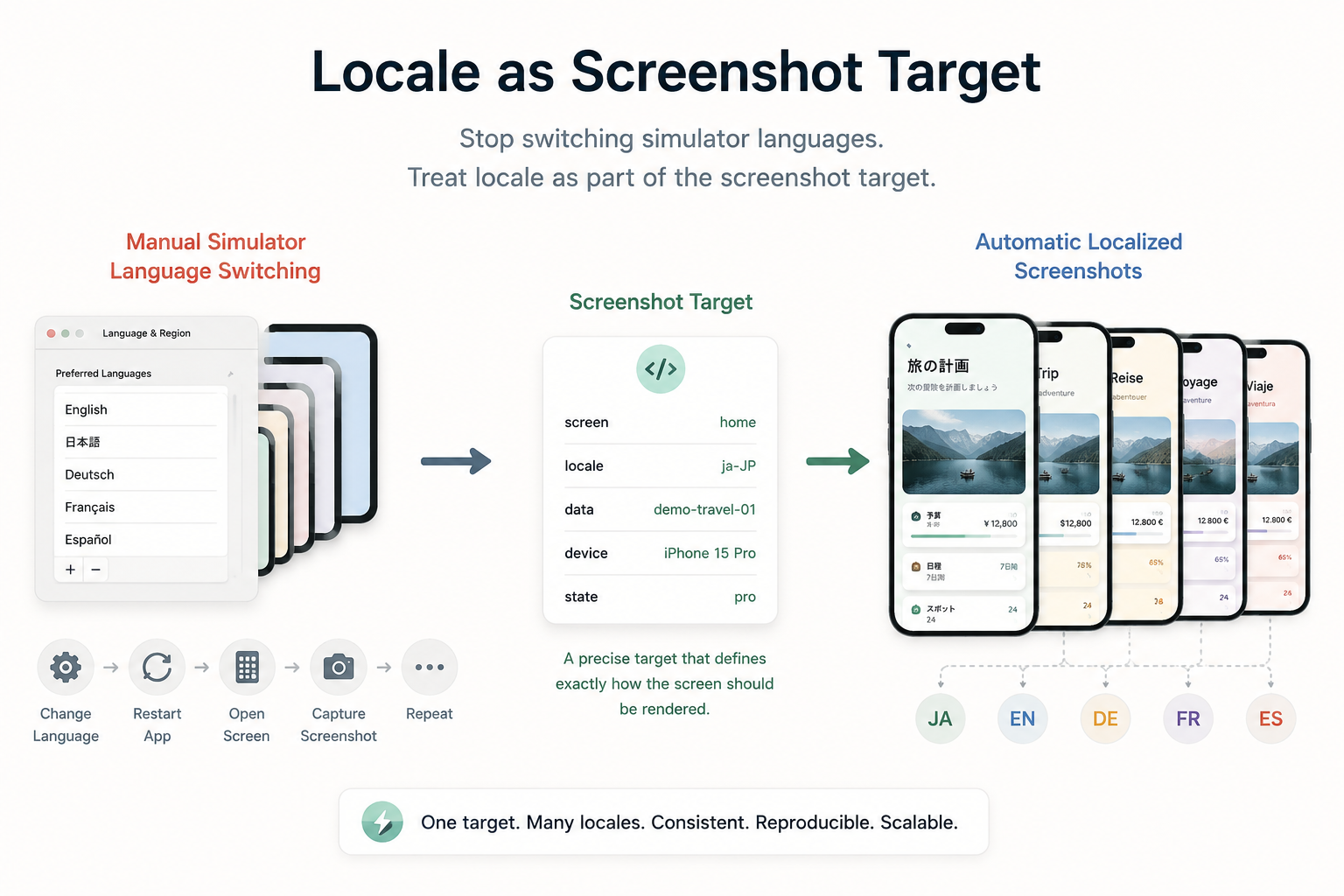 Localized app screenshot workflow with locale controlled by screenshot targets