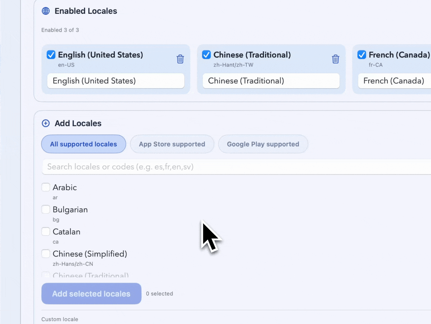 Add languages fast, by name or locale code.