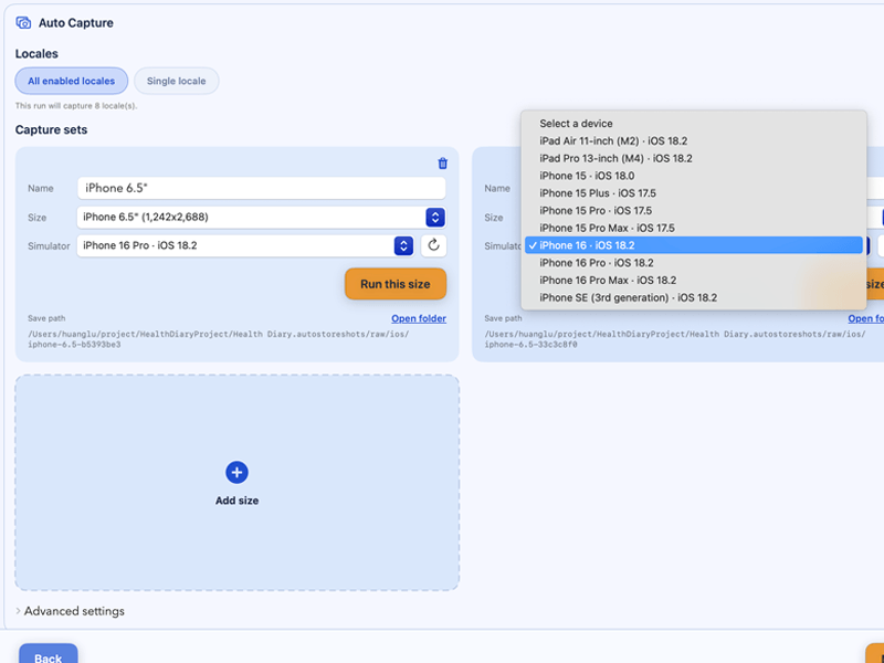Simulator targets and screenshot sizes are already mapped.