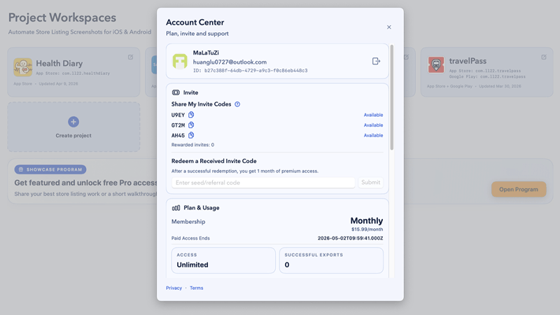 Example of Account Center Plan Usage, Invite, Support areas