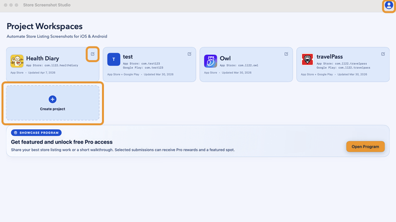 Project Workspaces homepage, including New Project, avatar entrance and project card editing buttons