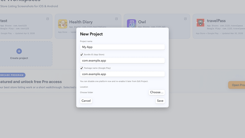 New Project or Edit Project pop-up window example