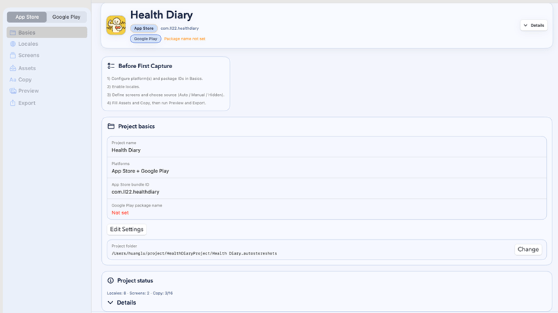 Basics page Project status expanded state