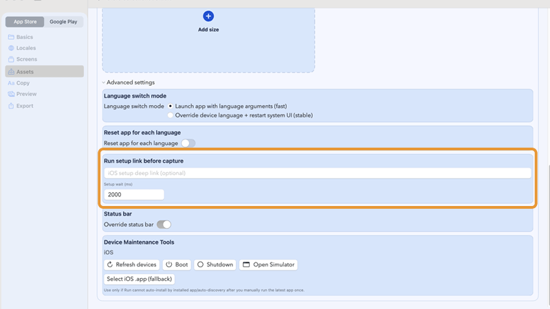 Advanced settings fully expanded state, focusing on Run setup link before capture
